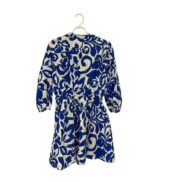 Zara Women Tile Dress S Blue White Sicilian Button Up Linen Viscose Blend NWD - Picture 4 of 9